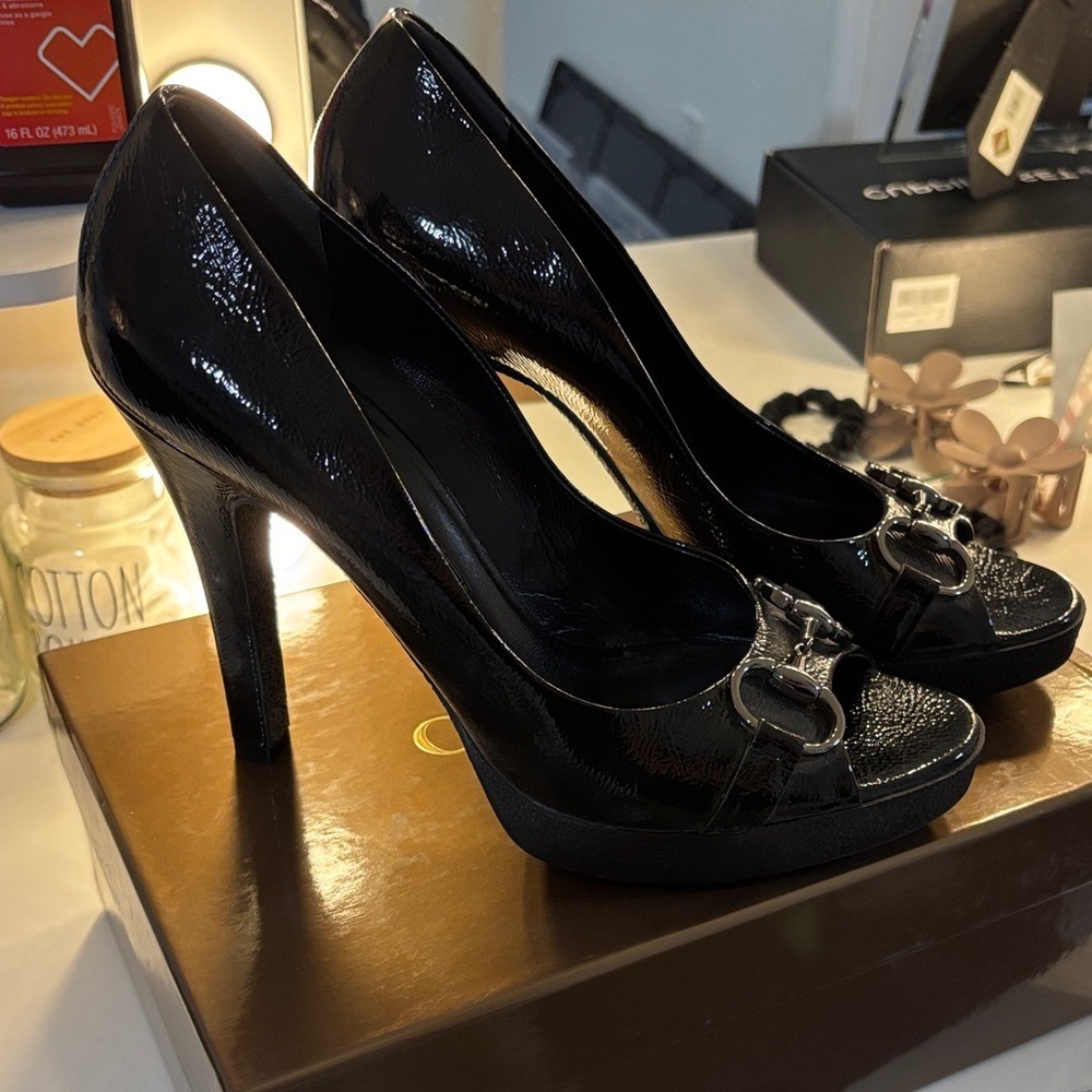 Gucci Shiny Black Peep-Toe Heels - Picture 2 of 9